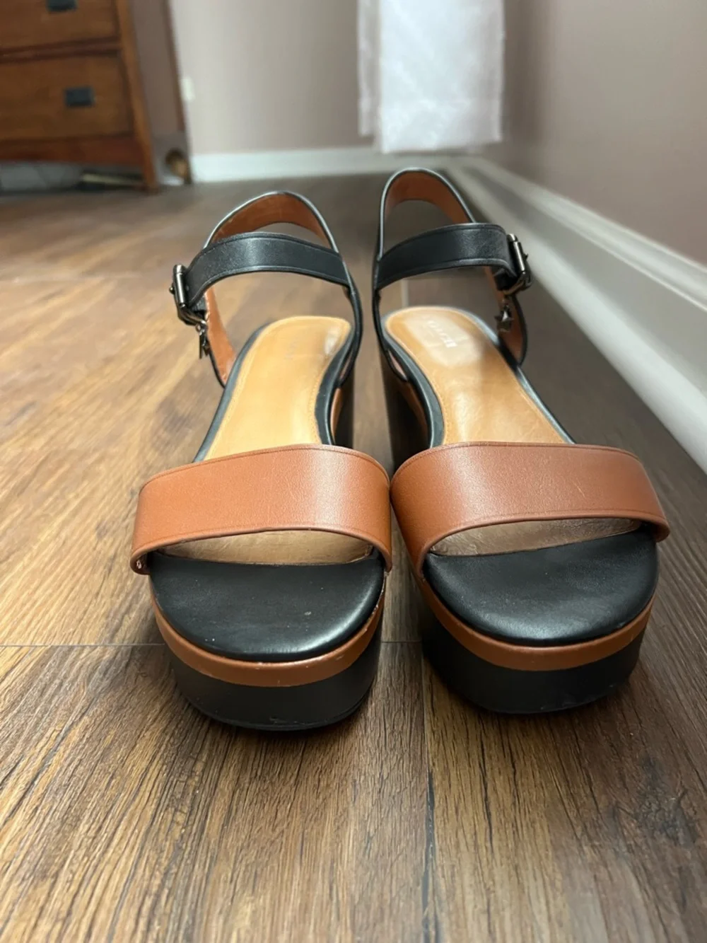 Coach Black & Brown Leather Ankle-Strap Sandals